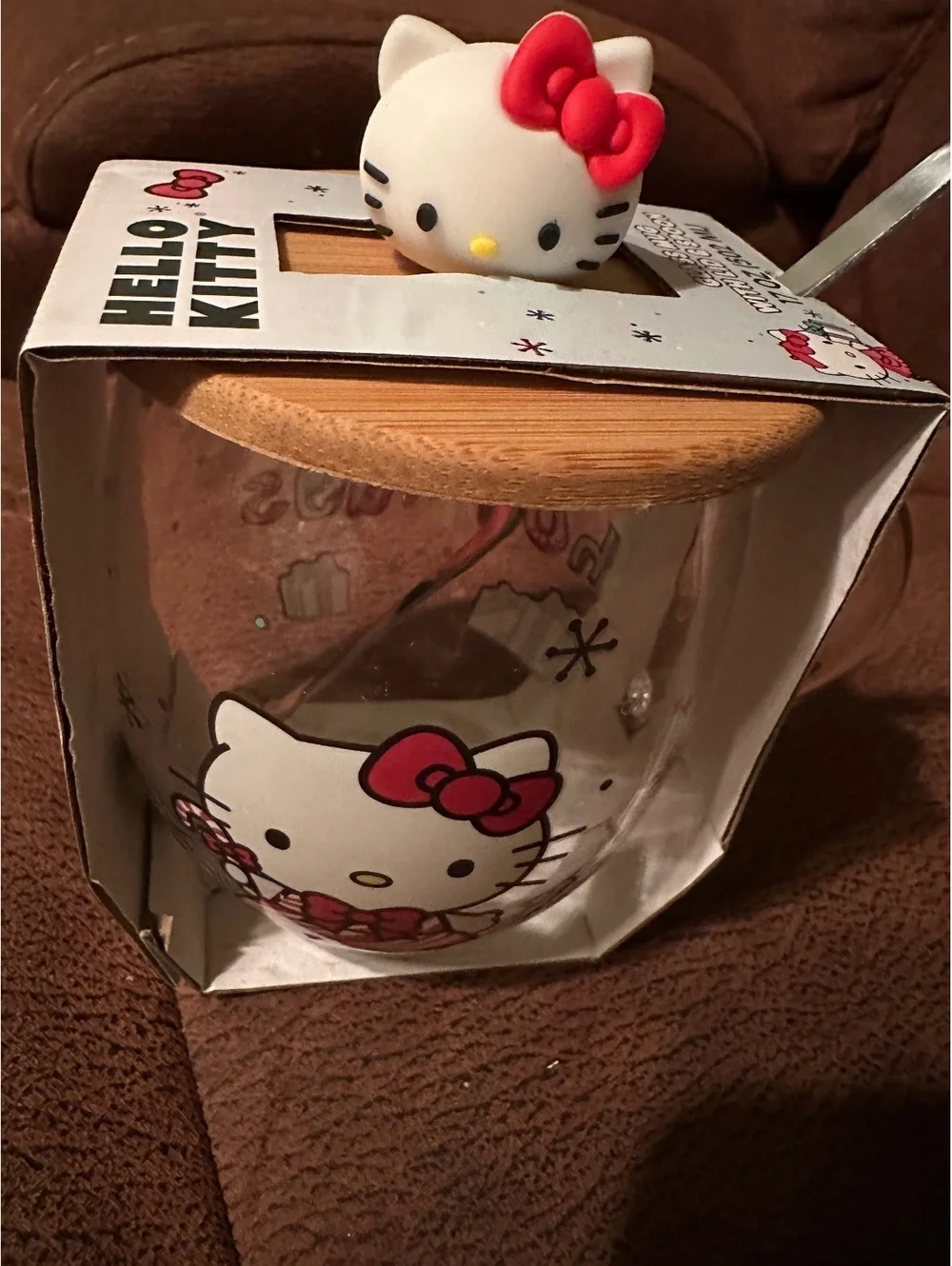 Hello Kitty Christmas Holiday Glass Mug with Wood Lid Topper & Spoon - 17 oz NIB